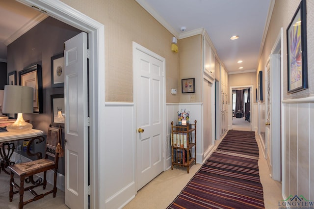 2003 Broadway Blvd, Kilgore, TX 75662 - corridor featuring light carpet, ornamental molding, a wainscoted wall, recessed lighting, and a decorative wall