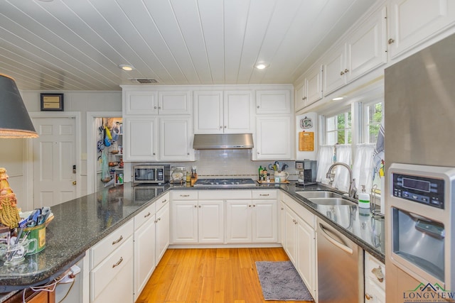 2003 Broadway Blvd, Kilgore, TX 75662 - kitchen with stainless steel appliances, under cabinet range hood, light wood-type flooring, white cabinets, and recessed lighting
