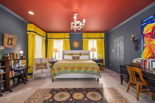 2003 Broadway Blvd, Kilgore, TX 75662 - carpeted bedroom with crown molding, a chandelier, and a desk
