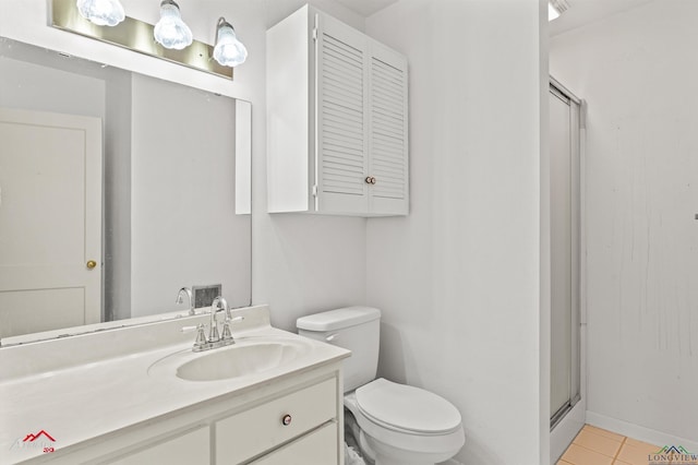 full bath featuring toilet, tile patterned floors, vanity, a shower stall, and a closet