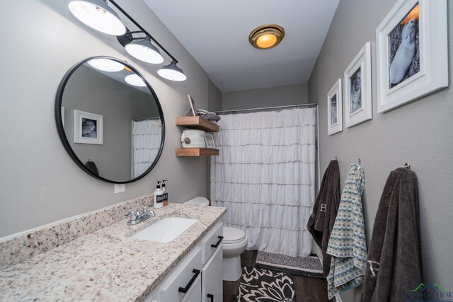 bathroom with vanity, curtained shower, and toilet