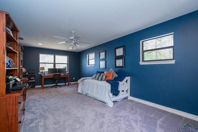 bedroom featuring carpet flooring and ceiling fan