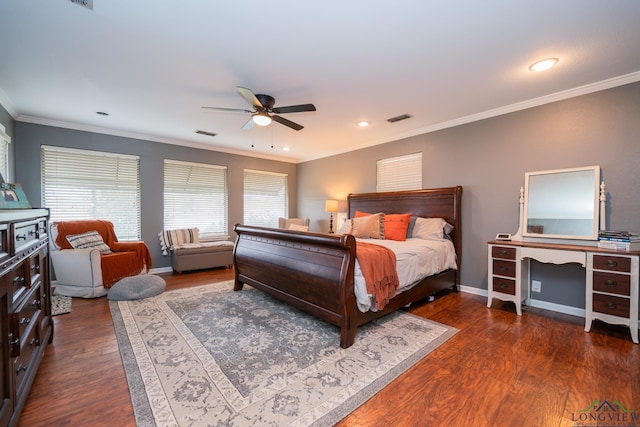 bedroom featuring ceiling fan, crown molding, and dark hardwood / wood-style floors