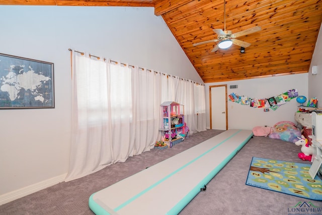 bedroom with wooden ceiling, light carpet, high vaulted ceiling, ceiling fan, and beamed ceiling