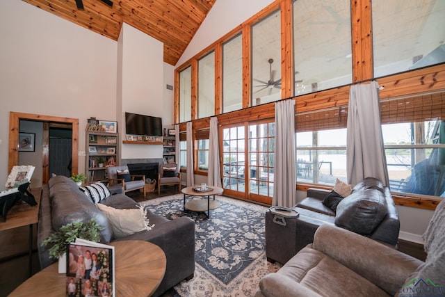 living room featuring ceiling fan, wood ceiling, and high vaulted ceiling