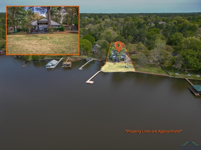 birds eye view of property featuring a water view