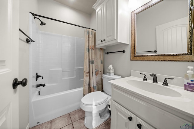 full bathroom with toilet, tile patterned flooring, vanity, and shower / tub combo with curtain