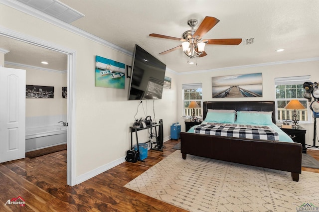 bedroom featuring crown molding, wood-type flooring, and ceiling fan