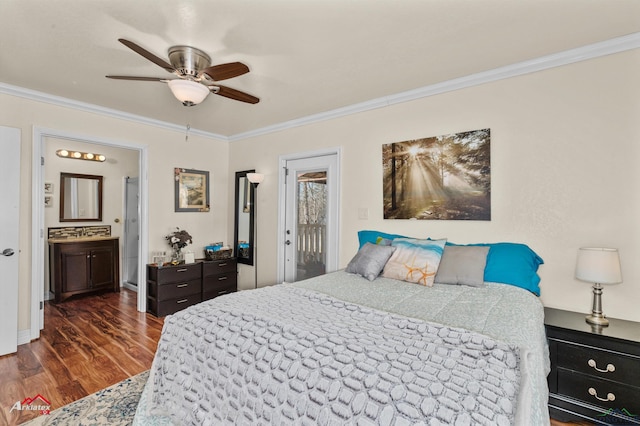 bedroom with dark wood-type flooring, ceiling fan, ornamental molding, and ensuite bathroom