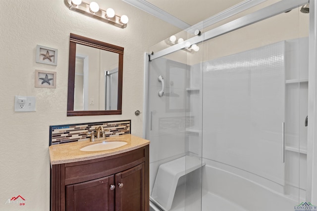 bathroom featuring a shower with door, ornamental molding, vanity, and decorative backsplash