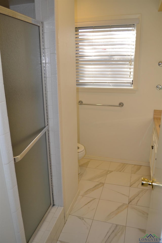 bathroom with vanity, toilet, and a shower with shower door