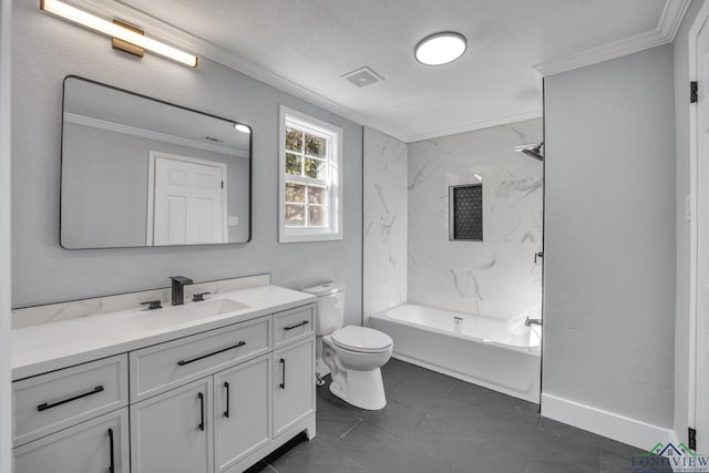 full bathroom with shower / bathing tub combination, vanity, toilet, and ornamental molding