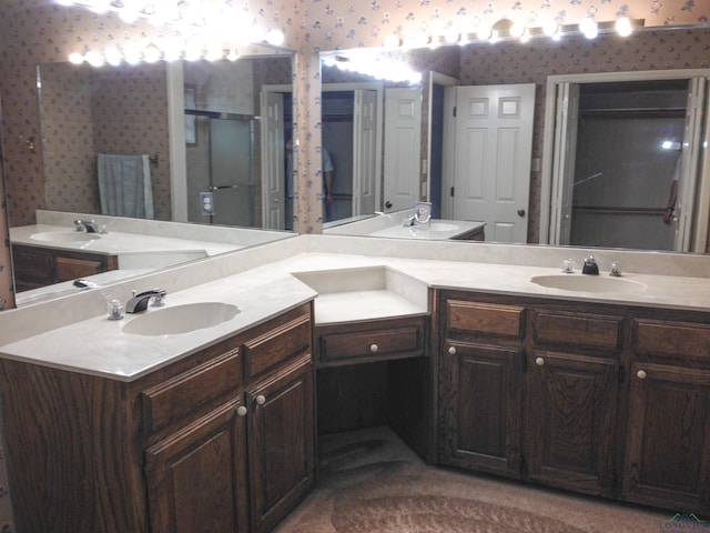 1204-1206 Brandywine, Longview, TX 75601 - full bath with wallpapered walls, double vanity, and a stall shower