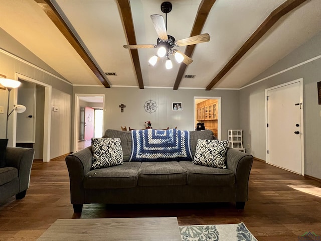 1523 Young St, Henderson, TX 75654 - living room featuring visible vents, vaulted ceiling with beams, wood finished floors, and a ceiling fan