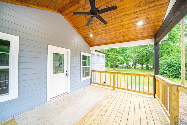 wooden terrace featuring ceiling fan