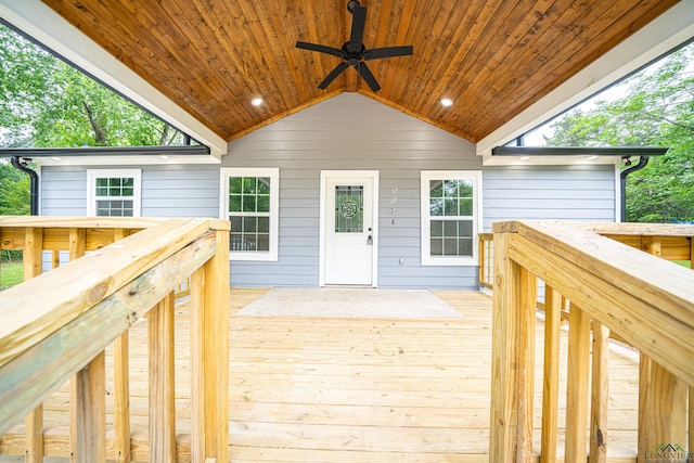 wooden terrace featuring ceiling fan