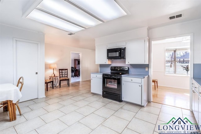 354 Royal Cir, Whitehouse, TX 75791 - kitchen featuring black appliances, white cabinetry, light tile patterned flooring, light countertops, and ornamental molding