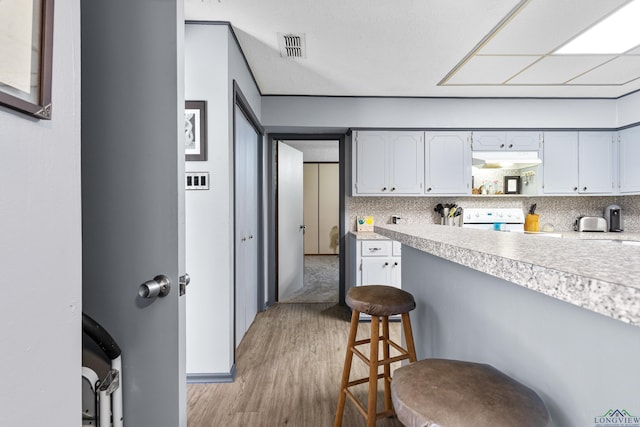 kitchen with electric stove, under cabinet range hood, light wood-style flooring, light countertops, and a breakfast bar