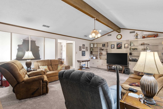 carpeted living area featuring a chandelier