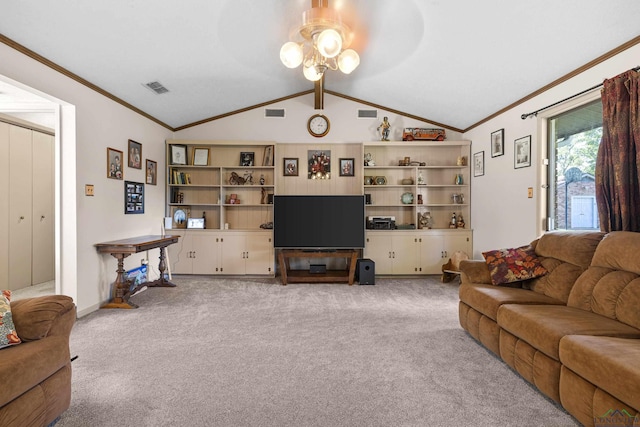 carpeted living room with ornamental molding, ceiling fan, and vaulted ceiling