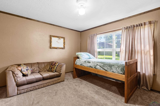 carpeted bedroom featuring a textured ceiling, a textured wall, and crown molding