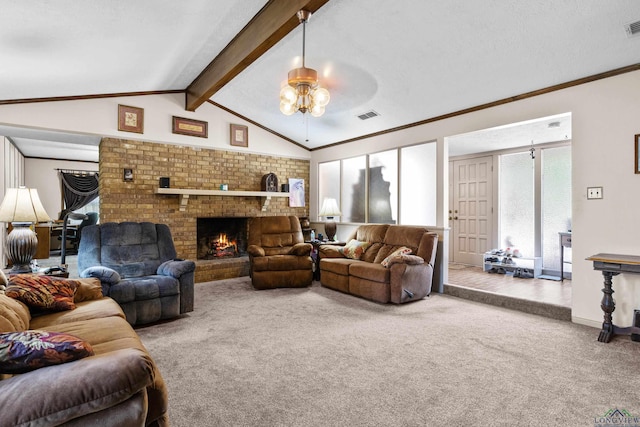 carpeted living room featuring a ceiling fan, a fireplace, and crown molding