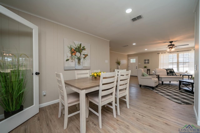 3697 N White Oak Rd, Gladewater, TX 75647 - dining space featuring ornamental molding, light wood-type flooring, recessed lighting, and ceiling fan