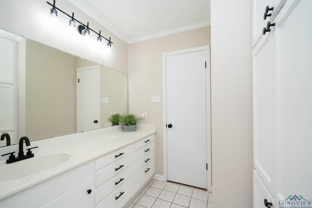 3697 N White Oak Rd, Gladewater, TX 75647 - bathroom with ornamental molding, tile patterned flooring, and vanity