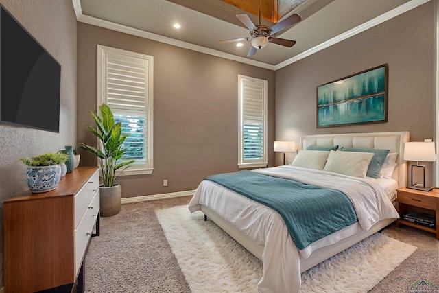 carpeted bedroom featuring recessed lighting, crown molding, baseboards, and ceiling fan