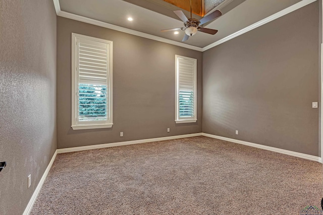 unfurnished room with baseboards, ceiling fan, ornamental molding, carpet floors, and recessed lighting