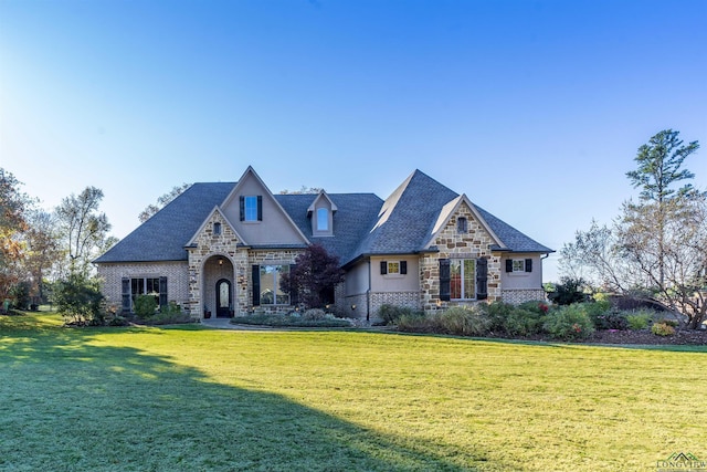 french provincial home featuring stone siding, a front lawn, and stucco siding