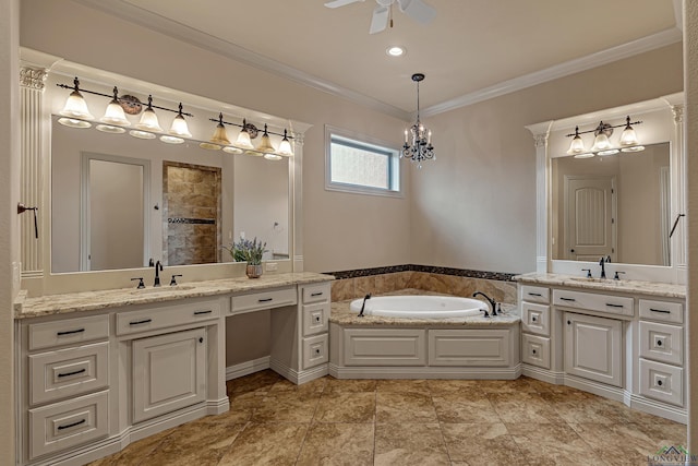 full bathroom featuring a bath, ornamental molding, two vanities, and a sink