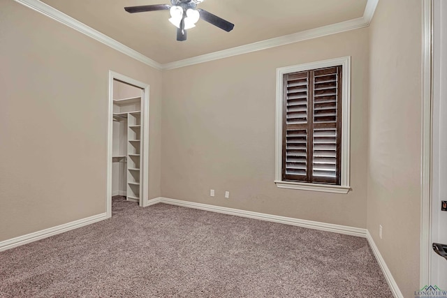 unfurnished bedroom featuring ornamental molding, a walk in closet, carpet flooring, and baseboards