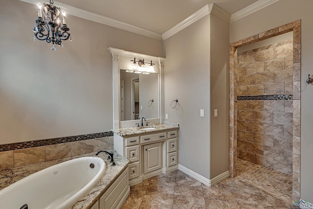 bathroom featuring vanity, baseboards, tiled shower, a bath, and crown molding