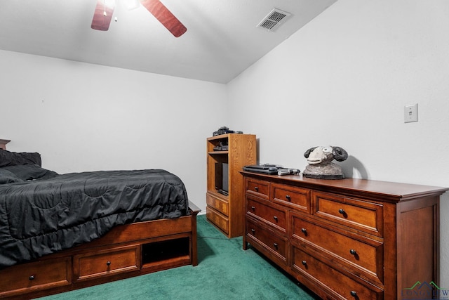 bedroom with ceiling fan, light carpet, and lofted ceiling