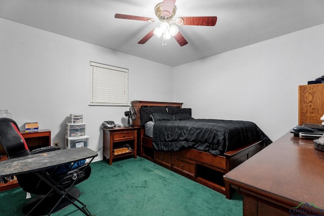 bedroom with ceiling fan and carpet floors