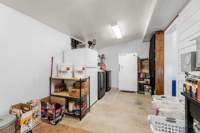 basement with white fridge