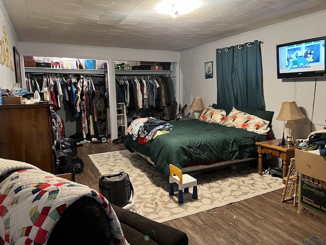 bedroom featuring hardwood / wood-style floors and two closets