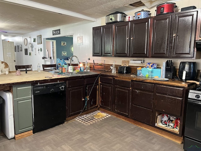 kitchen with dark brown cabinetry, wooden counters, gas stove, black dishwasher, and sink