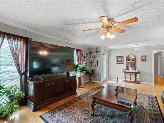 1009 Sequoyah Ln, Longview, TX 75605 - living area featuring ceiling fan, light wood finished floors, a textured ceiling, crown molding, and baseboards