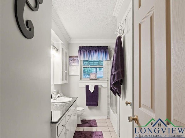 1009 Sequoyah Ln, Longview, TX 75605 - full bathroom featuring vanity, toilet, a textured ceiling, tile patterned flooring, and crown molding