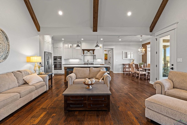 living room featuring an inviting chandelier, vaulted ceiling with beams, and dark hardwood / wood-style floors