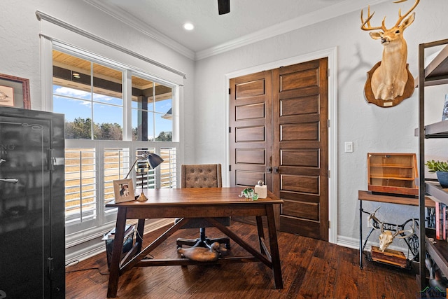 office with crown molding, plenty of natural light, dark hardwood / wood-style floors, and ceiling fan