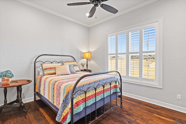 bedroom with ornamental molding, dark hardwood / wood-style flooring, and ceiling fan