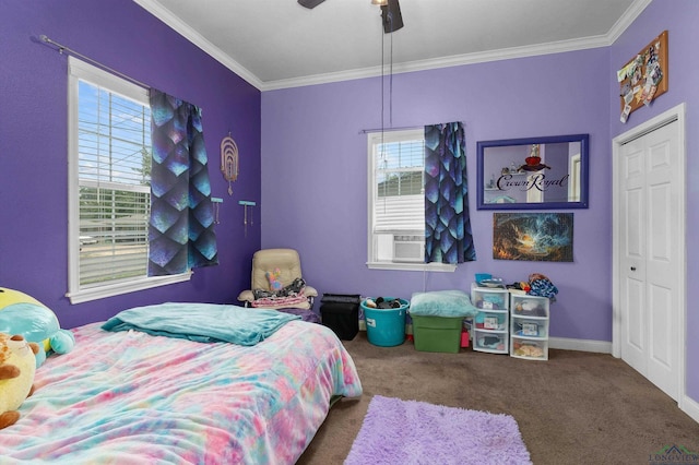 1105 N Bolivar, Marshall, TX 75670 - bedroom with crown molding, carpet, ceiling fan, and cooling unit