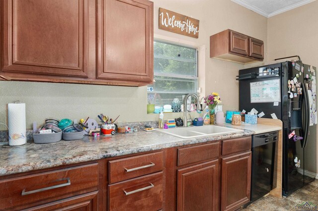 1105 N Bolivar, Marshall, TX 75670 - kitchen with black appliances, crown molding, brown cabinetry, and light countertops