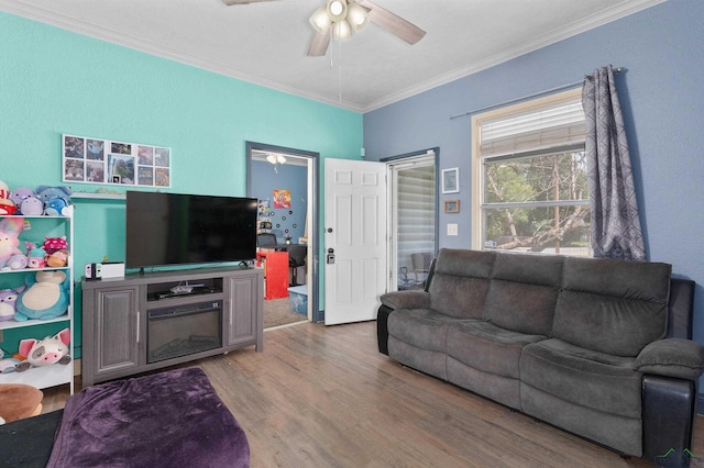 1105 N Bolivar, Marshall, TX 75670 - living area featuring ornamental molding, a ceiling fan, and wood finished floors