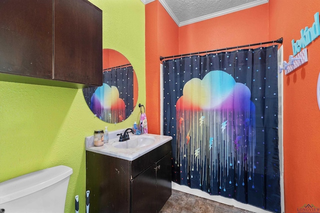 1105 N Bolivar, Marshall, TX 75670 - bathroom with vanity, crown molding, a textured ceiling, and a shower with curtain