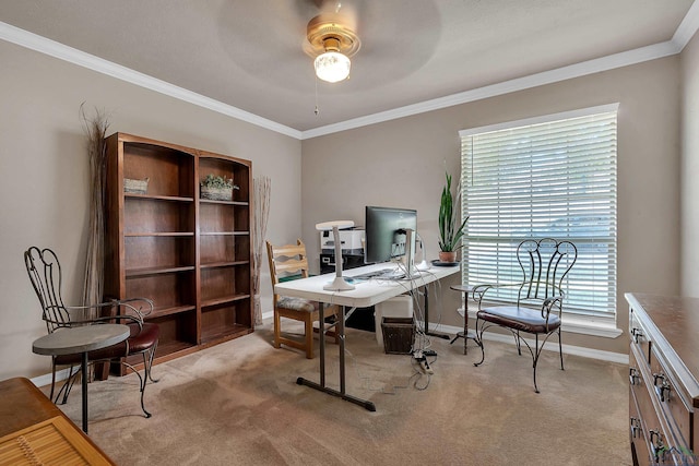 home office with ceiling fan, light colored carpet, and crown molding