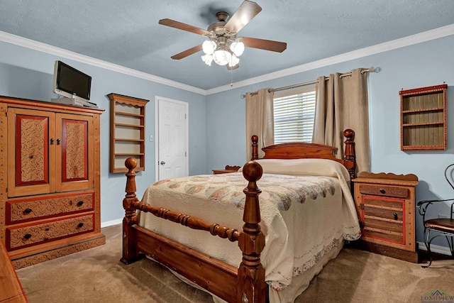 carpeted bedroom with ceiling fan, crown molding, and a textured ceiling